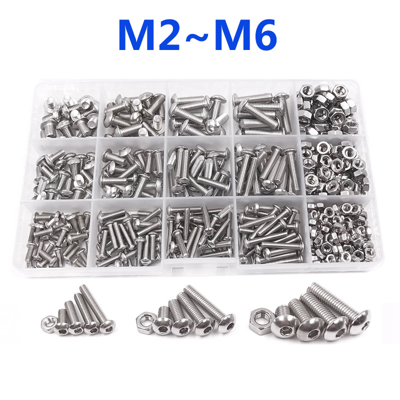 120-434 Uds 304 botón hexagonal de acero inoxidable cabeza hueca tornillo máquina de rosca hexagonal tuerca métrica juego surtido de pernos M2 ~ M6
